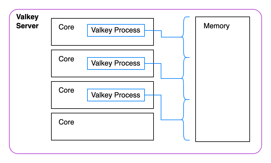 A picture of our Valkey server with the 4 core boxes and to the right of them is a memory box. In the first three core boxes are Valkey processes. Each of them has a bracket around a portion of the memory.
